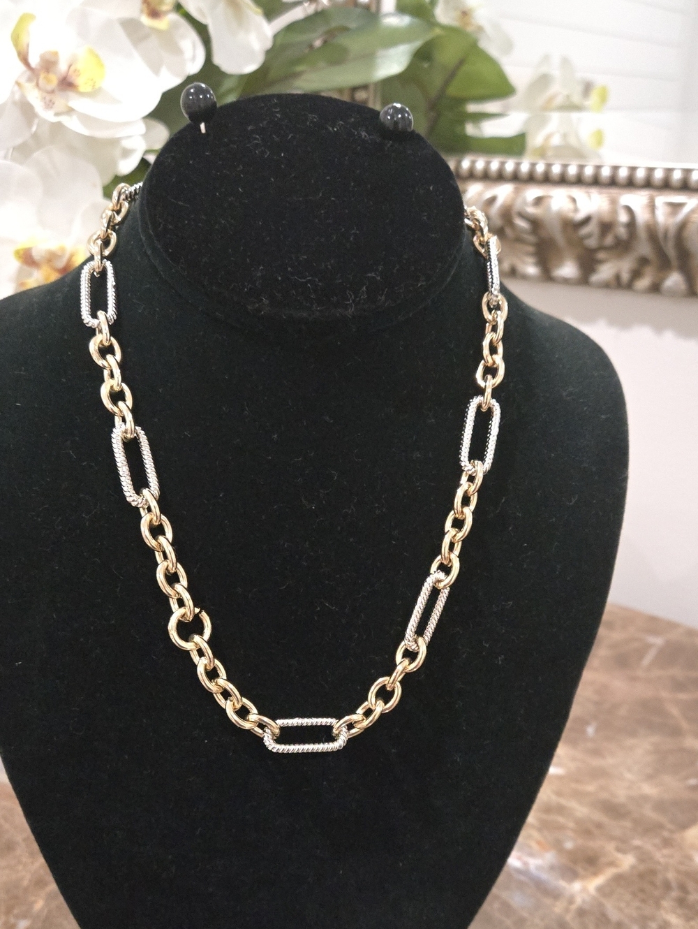 Elegant Two-Tone Gold and Silver Link Chain Necklace, NWOT
